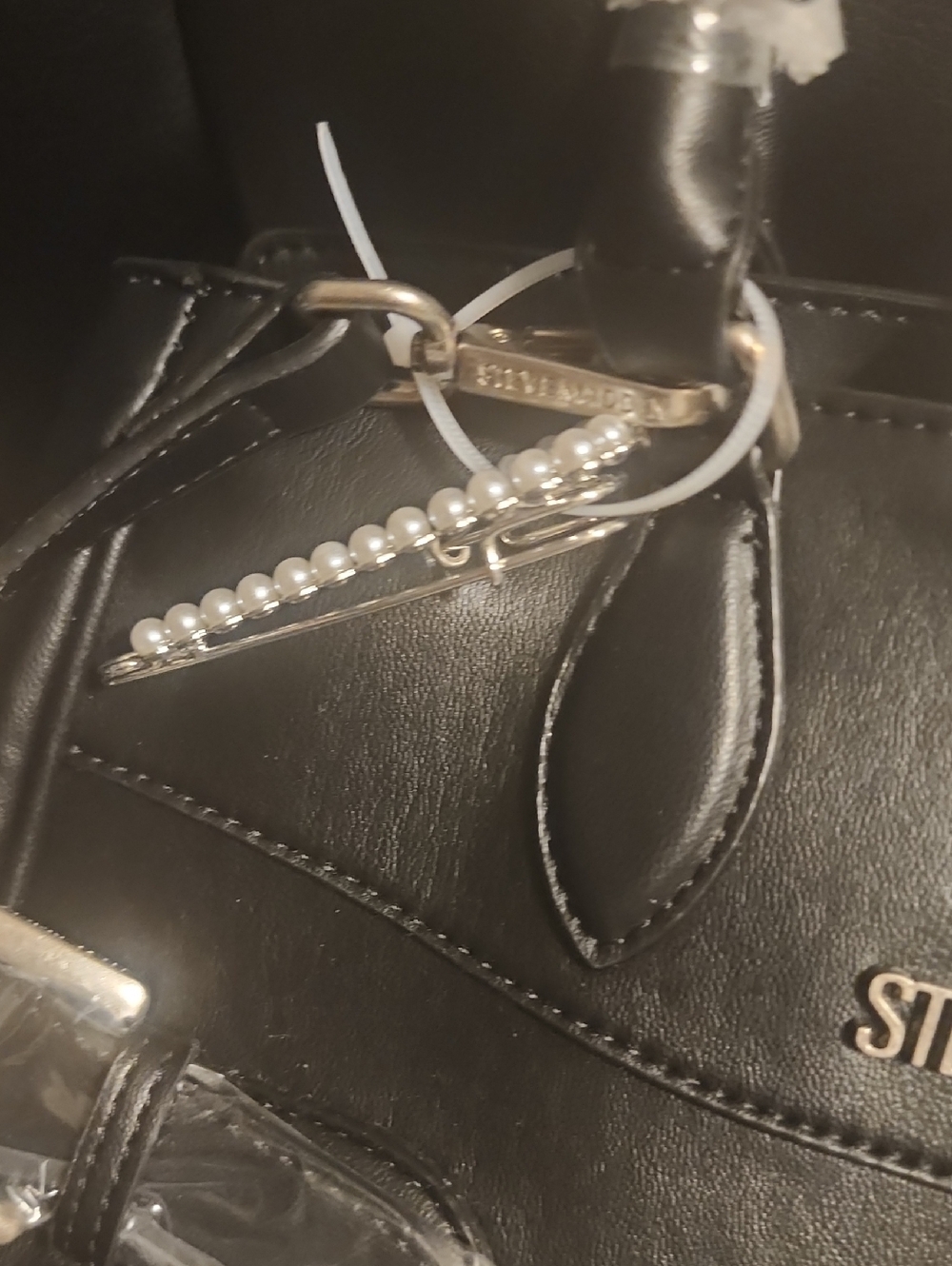Steve Madden Black Satchel with Pearl Dangle and Bow Charm - Picture 3 of 9